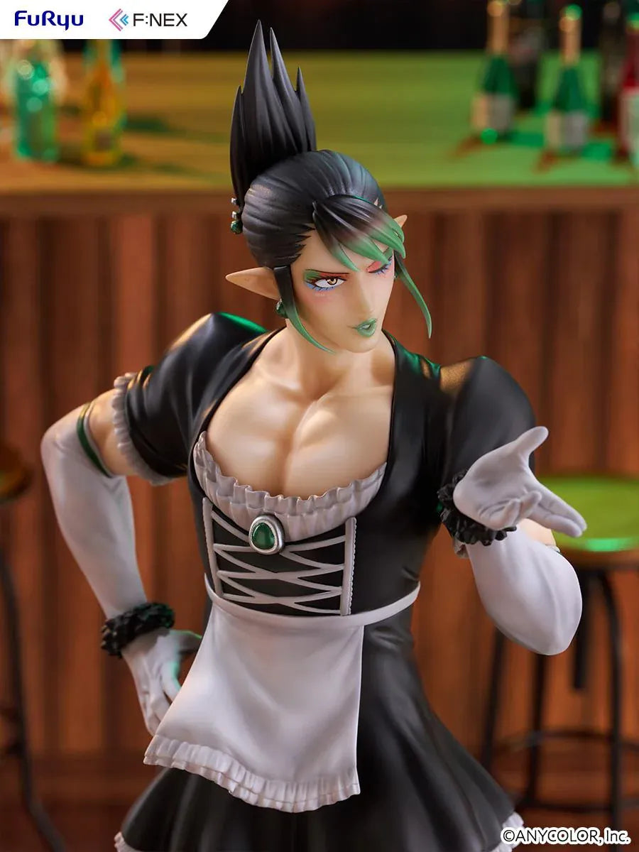 Hanabatake Chaika 1/7 Scale Figure by FuRyu F featuring a VTuber with tall black hair, green highlights, pointed ears, and a black and white maid outfit with white gloves, dark stockings, and black heels on a green circular display base.