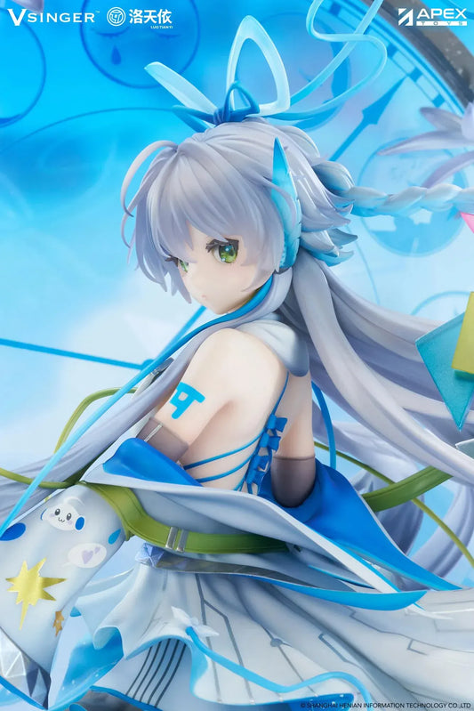 Vsinger Luo Tianyi 12th Anniversary 1/7 scale figure featuring flowing twin tails, layered blue and white dress, and ornate circular backdrop