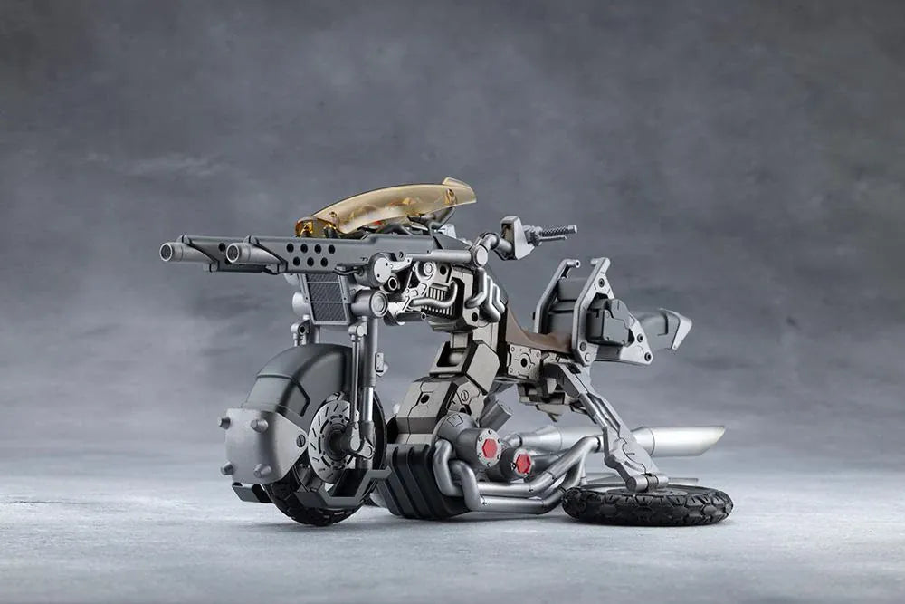 Megalomaria Unlimited Universe Wreckage Hunter model kit with white mechanical armor, a large rifle, weapon tail, and futuristic motorcycle.