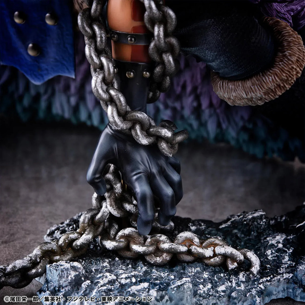 One Piece Portrait of Pirates ELB-Maximum Loki figure crouching with a massive hammer, horned helmet, pink braids, purple cloak, and chains on a rocky base.