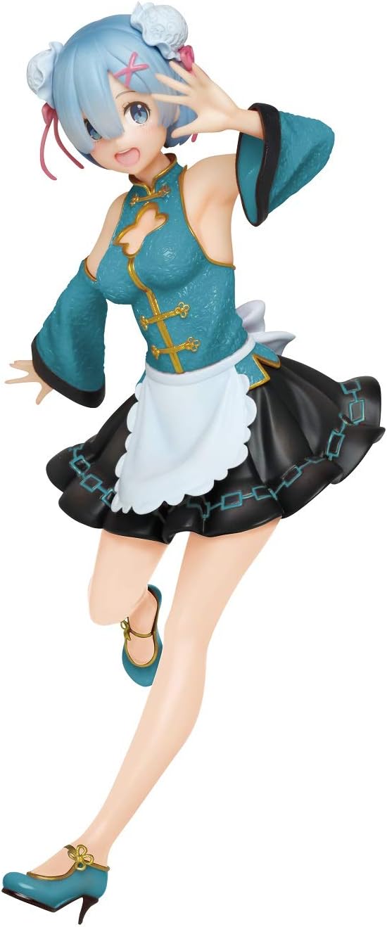 Rem figure from Re:Zero in Mandarin-style maid outfit with teal qipao dress, black frilled skirt, and white apron, posed playfully with a bright expression