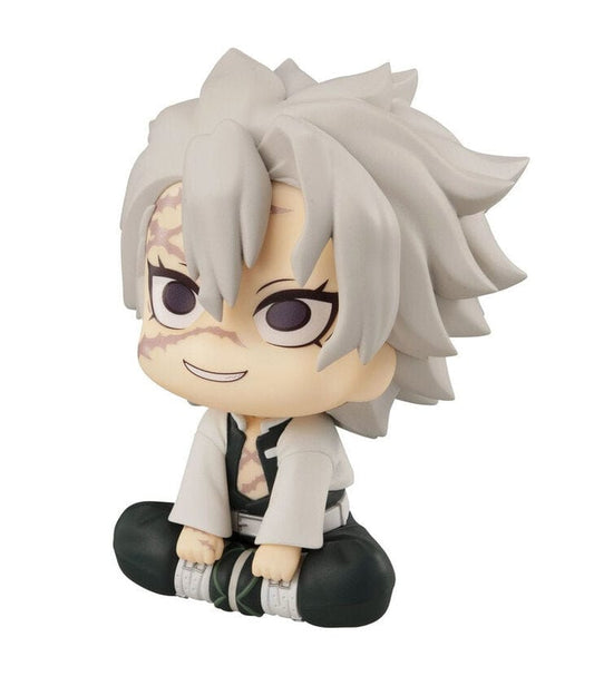 Demon Slayer Sanemi Shinazugawa Look Up Series chibi figure sitting down with silver hair and scarred face