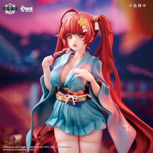 Azur Lane: Slow Ahead! Honolulu Yukata Ver. 1/7 scale figure featuring Honolulu in a turquoise yukata with red twin tails, eating a chocolate banana treat while wearing geta sandals.