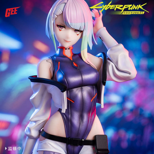 Cyberpunk: Edgerunners Lucy 1/7 Scale Figure in her iconic purple bodysuit and white jacket, posed confidently with detailed cyberpunk aesthetics