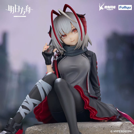 Arknights W Noodle Stopper Figure – anime figure featuring W in a black and red tactical outfit, sitting on rubble with a detonator, confident expression, and detailed sculpting