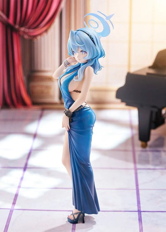 Ako Dress Ver. 1/7 scale figure from Blue Archive in a deep blue gown with slit, curled blue hair, halo, and confident pose on a decorative base