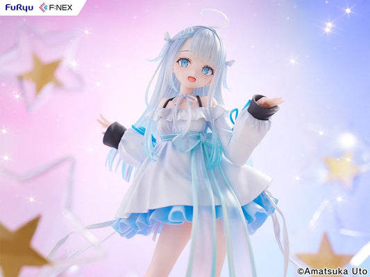 Amatsuka Uto FNex 1/7 Scale Figure by FuRyu, featuring the VTuber in a dynamic pose with a cheerful expression, dressed in a detailed pastel-colored outfit with blue highlights in her hair, on a simple white base.