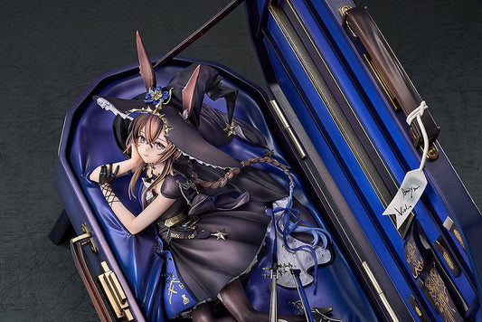 Arknights Amiya: Solo Around The World Ver. 1/7 scale figure, featuring Amiya in a dark dress with gold accents, posed with a violin bow inside an open, blue velvet-lined violin case.