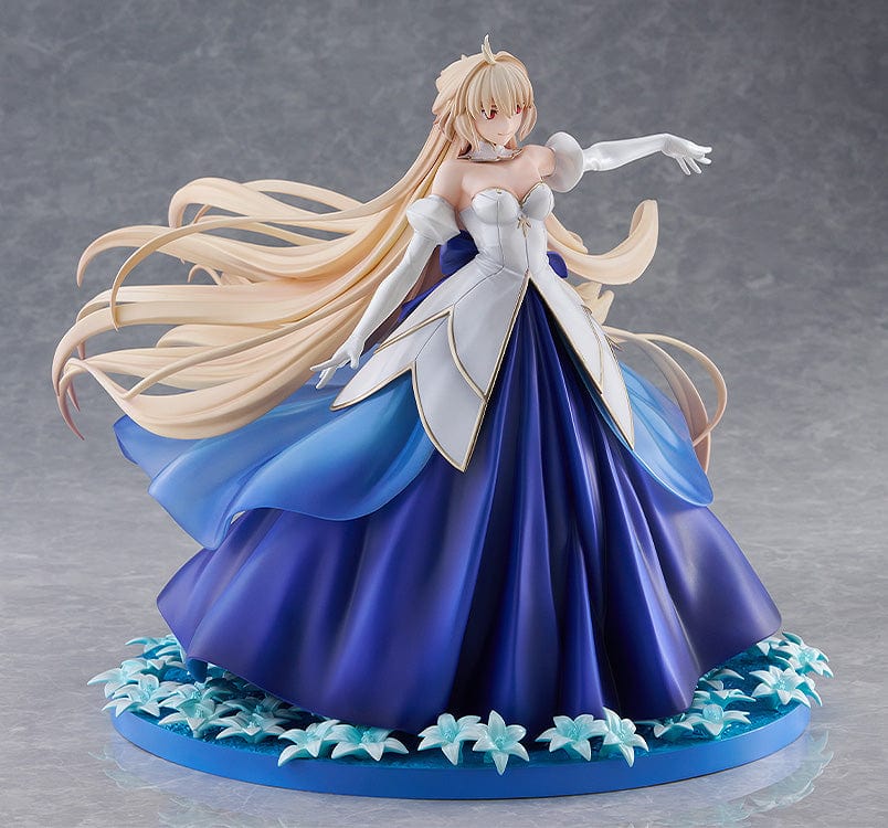 Tsukihime: A Piece of Blue Glass Moon Arcueid Brunestud Inner Sea of the Planet Version 1/8 Scale Figure, featuring Arcueid in an elegant blue and white gown, with her hair and cape flowing, set against a base decorated with sea flowers, capturing her majestic and serene presence.