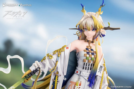 Arknights Shu 1/7 Scale Figure, featuring a dynamic pose with elaborate white and blue robes, golden accents, and a serpent companion, embodying mystical and spiritual themes.