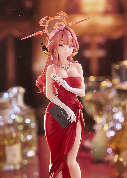 Blue Archive Aru (Dress Ver.) 1/7 scale figure in a crimson red gown, holding a clutch and wearing elegant gloves with a composed expression.