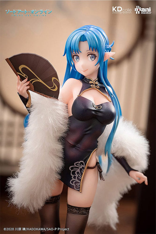 Sword Art Online KD Colle Asuna (Undine Chinese Dress Ver.) 1/7 Scale Figure, featuring Asuna in a black and gold Chinese dress with a fur stole, holding a fan, radiating elegance and allure