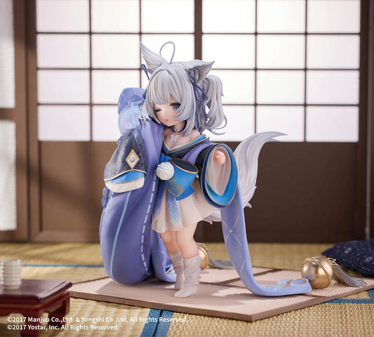 Azur Lane Shinano-chan 1/7 Scale Figure, gracefully presented in a traditional Japanese setting, wearing an elaborately detailed blue kimono.