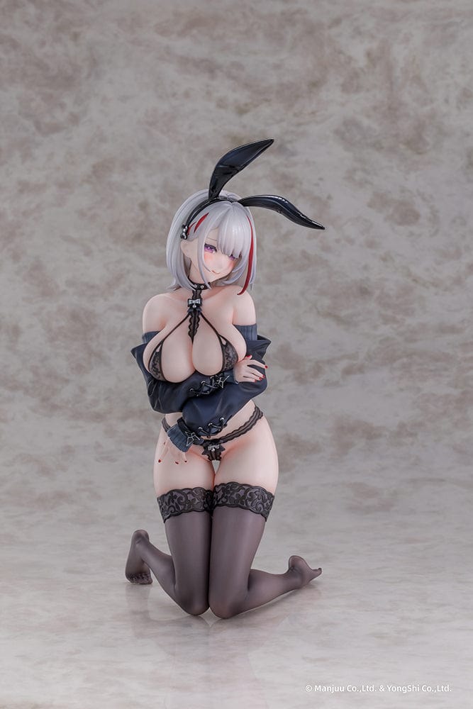 “Azur Lane Duisburg (Endurance Training Gone Wrong Ver.) 1/6 scale figure—silver-haired girl with red streak, glossy bunny ears, lace lingerie outfit and thigh-highs, kneeling on display base.”
