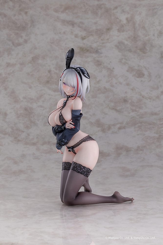 “Azur Lane Duisburg (Endurance Training Gone Wrong Ver.) 1/6 scale figure—silver-haired girl with red streak, glossy bunny ears, lace lingerie outfit and thigh-highs, kneeling on display base.”