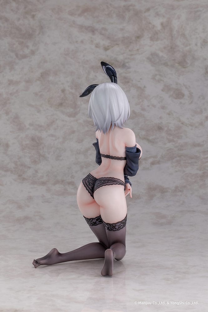 “Azur Lane Duisburg (Endurance Training Gone Wrong Ver.) 1/6 scale figure—silver-haired girl with red streak, glossy bunny ears, lace lingerie outfit and thigh-highs, kneeling on display base.”
