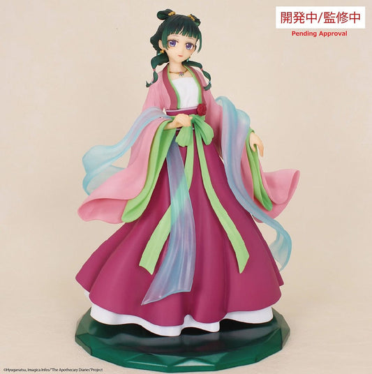 A detailed figure of Maomao from The Apothecary Diaries, wearing a flowing pink and purple hanfu-style outfit with green and translucent accents, standing in an elegant pose with a serene expression.