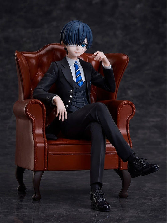 Black Butler: Boarding School Arc Ciel Phantomhive Figure seated in a detailed brown leather armchair, wearing a black suit with blue striped tie and polished shoes.