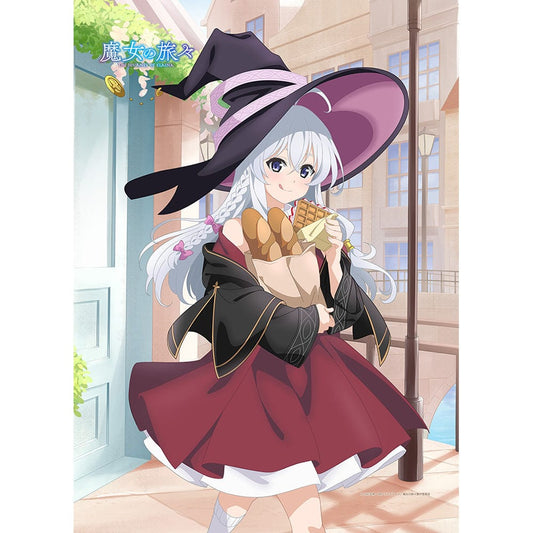 The Journey of Elaina Original Illustration B2 Tapestry – Elaina (Eating Around Version) featuring Elaina in her signature witch attire, holding a basket of bread, set against a scenic European-style town backdrop.