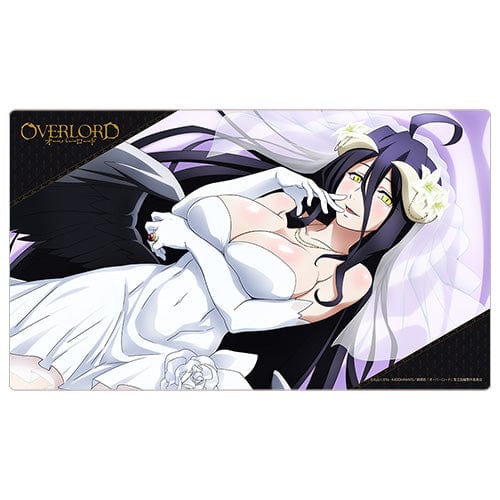 Overlord-themed gaming rubber mat featuring a detailed illustration of Albedo in white wedding attire, with a captivating expression and dark background, ideal for gaming setups.