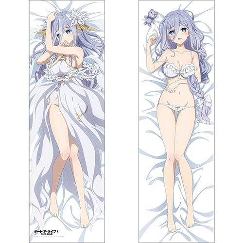 Elegant Date A Live V Dakimakura body pillow cover depicting Takamiya Mio in a flowing white and purple dress, positioned on a white bed with a lush potted plant and soft natural lighting in the background.