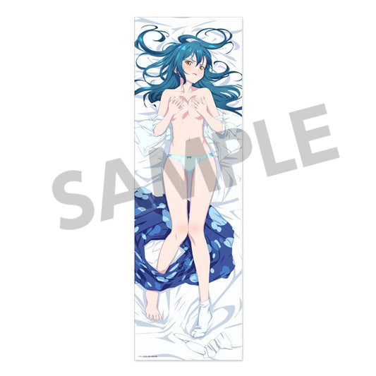Double-sided Chained Soldier dakimakura cover featuring Azuma Himari, one side dressed in a flowing blue skirt and white blouse, the other in delicate lingerie, both on a dynamic swirling blue pattern background.