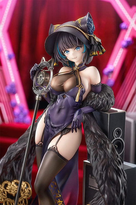 Azur Lane Cheshire Cait Sith Crooner 1/7 scale figure, featuring Cheshire in a luxurious purple and gold costume with blue hair, holding a magical staff, on a stage-like base with a microphone.