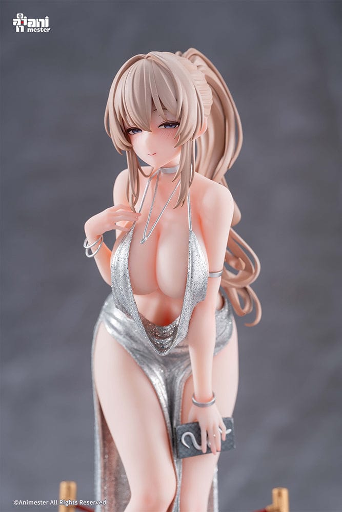 “Original Character Erin (Dress Ver.) 1/6 scale figure—blonde woman in shimmering silver gown with high slit, clutch and heels, posed on red-carpet base with stanchions.”