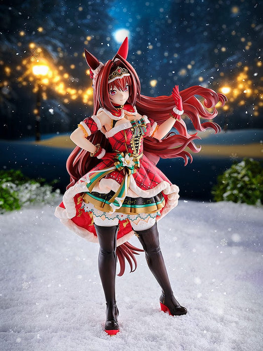 Uma Musume: Pretty Derby Daiwa Scarlet Scarlet Nuit Etoile 1/7 Scale Figure, featuring Daiwa Scarlet in a festive racing outfit with tartan and red details, dynamically posed with flowing hair on a decorative themed base.