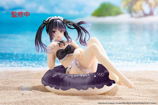 Date A Live IV Aqua Float Girls Kurumi Tokisaki (Renewal Edition) Figure, featuring Kurumi in a black bikini on an inflatable ring, with a playful pose and seductive smile, set on a clear blue base simulating water.