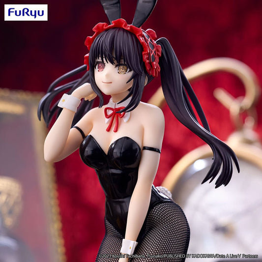 Date A Live V BiCute Bunnies Kurumi Tokisaki in a black bunny outfit, posing elegantly with a background of rich red decor and vintage items, highlighting her iconic red eye and dark hair with red ribbons.