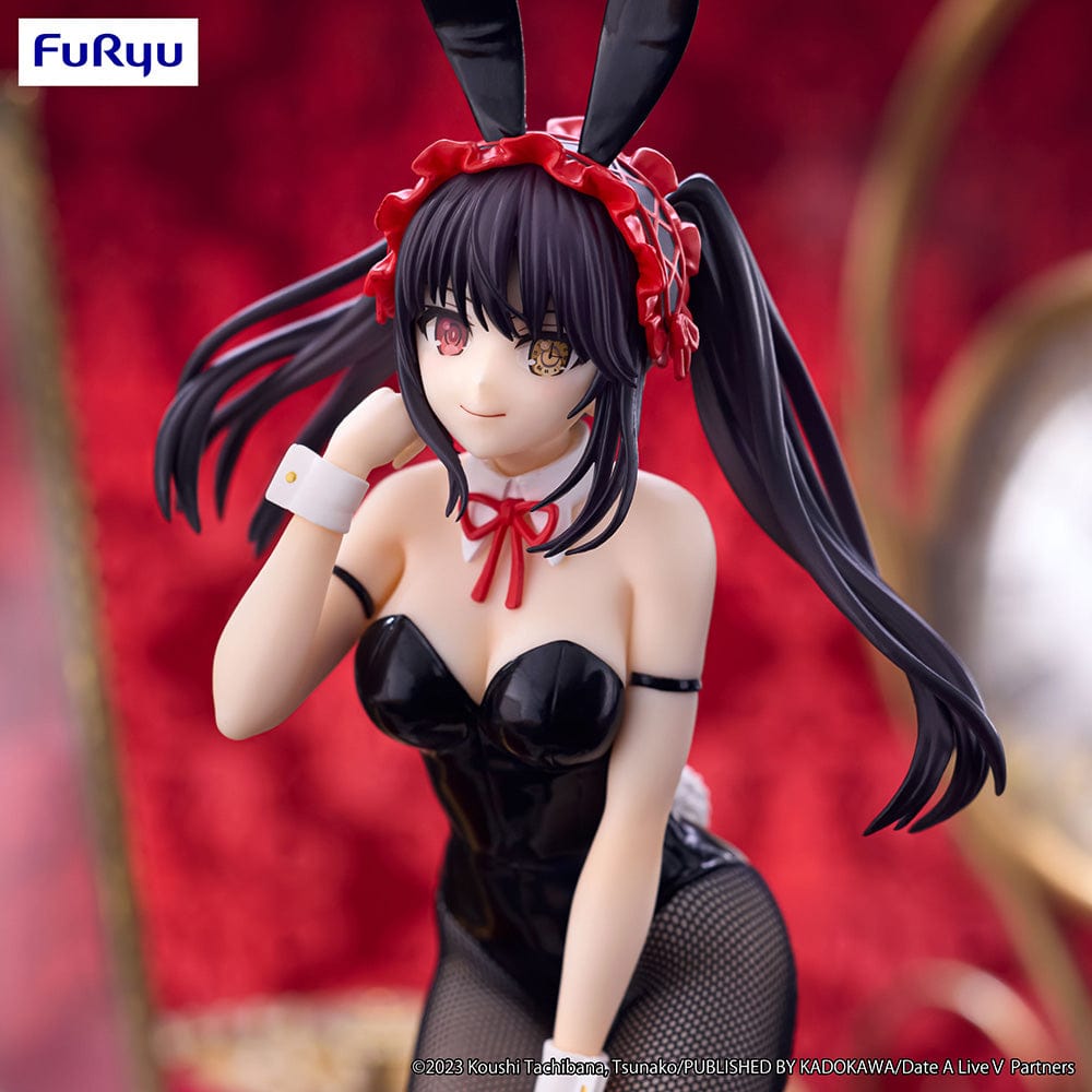 Date A Live V BiCute Bunnies Kurumi Tokisaki in a black bunny outfit, posing elegantly with a background of rich red decor and vintage items, highlighting her iconic red eye and dark hair with red ribbons.