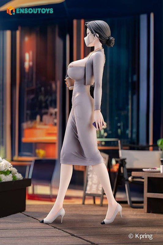 K Pring Illustration Dongtan 1/7 Scale Figure, elegantly dressed in a tight gray dress with accessories like a handbag and coffee cup, posed on a city sidewalk, blending modern fashion with mysterious allure.