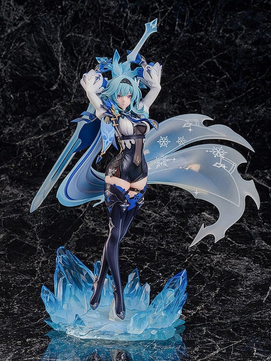 Genshin Impact Eula (Wavecrest Waltz Ver.) 1/7 Scale Figure, featuring Eula in a dynamic pose with swirling ice crystals on a themed base, highlighted by her blue and black knightly attire.
