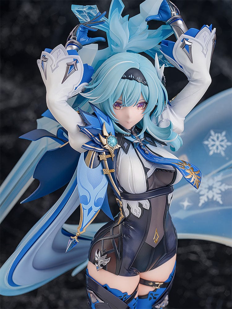 Genshin Impact Eula (Wavecrest Waltz Ver.) 1/7 Scale Figure, featuring Eula in a dynamic pose with swirling ice crystals on a themed base, highlighted by her blue and black knightly attire.