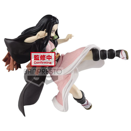 VIBRATION STARS Nezuko Kamado figure from Demon Slayer in a high-kick mid-air pose with flowing hair and vibrant detail on a display base