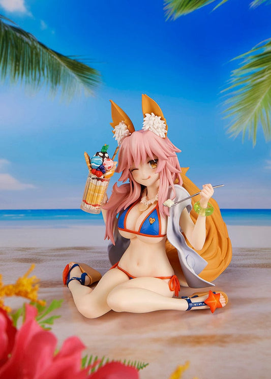 Lancer Tamamo no Mae from Fate/Grand Order sitting on a sandy base, wearing a blue bikini and sun hat, holding a sundae and a drink, with a playful expression.