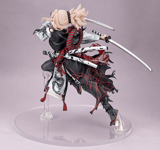 Fate/Samurai Remnant KT Model+ Miyamoto Musashi Berserker 1/7 Scale Figure in dynamic battle stance with dual swords.