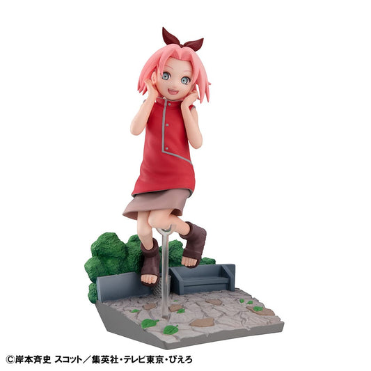 G.E.M. series NARUTO Sakura Haruno GO! figure, featuring Sakura in mid-jump with a red dress, on a detailed diorama base, capturing her dynamic spirit and energy.