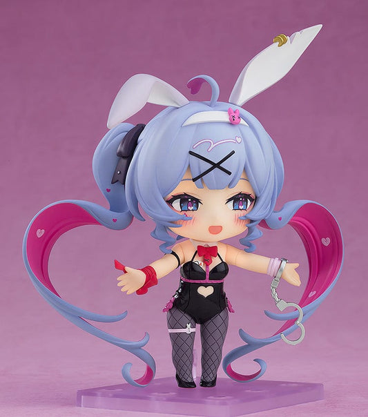 Hatsune Miku (Rabbit Hole Ver.) Nendoroid featuring a gothic bunny-themed outfit, handcuffs, a pink rabbit plushie, and unique dual-colored twintails.