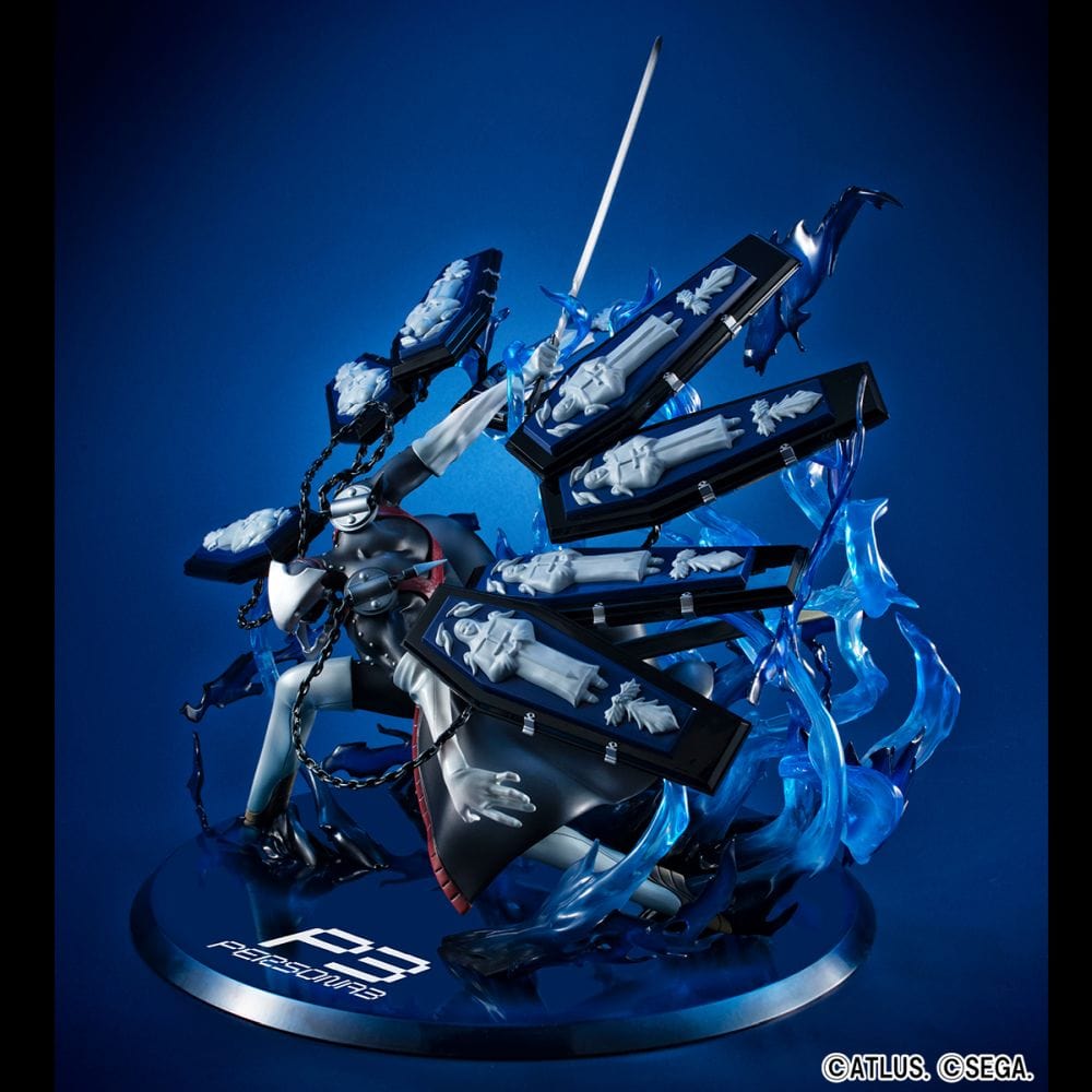 Thanatos (30th Anniversary Edition) figure from Persona 3 by MegaHouse, featuring chained coffins, sword, dynamic pose, and blue translucent base effects.