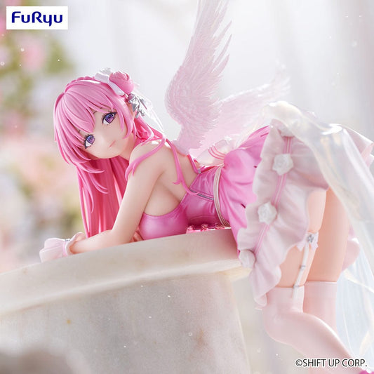 Goddess of Victory: Nikke Dorothy figure in a nostalgic pink outfit with angel wings, posed on a column amidst a floral backdrop, showcasing intricate design details and a serene expression.