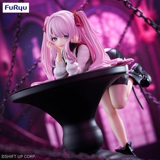 Goddess of Victory: Nikke Yuni Noodle Stopper Figure – anime figure featuring Yuni with pink twin tails, a gothic-inspired outfit, and a playful pose on a dark pedestal.