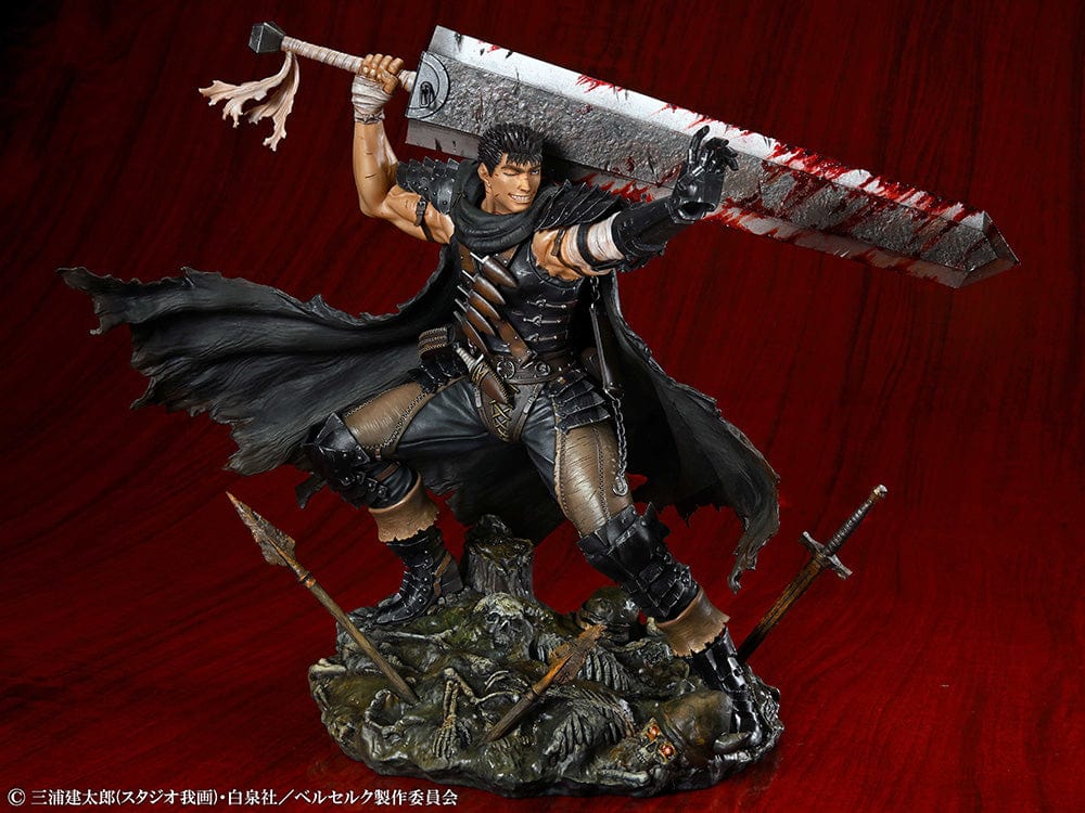 1/7 scale figure of Guts from 'Berserk' in his Black Swordsman version, wielding a large sword and standing on a base with defeated enemies, exemplifying his warrior persona.