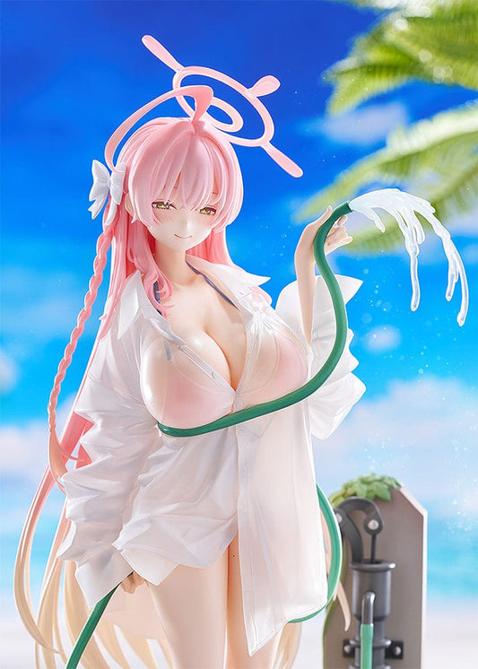 Blue Archive Hanako Swimsuit Ver. figure with pink hair, translucent shirt, and garden hose on a sandy base