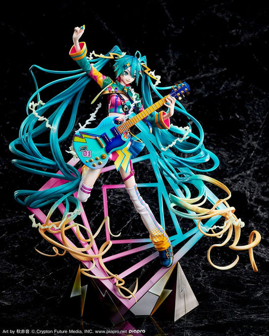 1/7 scale figure of Vocaloid Hatsune Miku from the "Hatsune Miku Japan Tour 2023 -Thunderbolt-" series. She's featured with an electric guitar, sporting her trademark blue hair in a dynamic, swirling design that mimics the motion of a thunderstorm. The figure is adorned in a colorful, tour-inspired costume with sharp geometric patterns and lightning motifs, posed atop a base that echoes the theme with angular lines and electric designs.