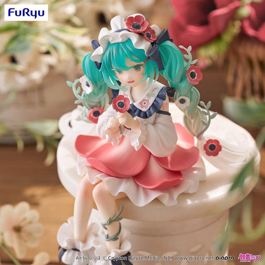 Hatsune Miku as a Flower Fairy Anemone, sitting amidst floral accents in a pink and white dress, with teal hair and flower wreath, capturing her in a serene and joyful pose.