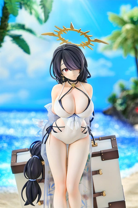 Blue Archive Hinata (Swimsuit Ver.) 1/6 Scale Figure, elegantly posed in a pale blue swimsuit with a straw hat, standing next to a suitcase on a sandy base, capturing the essence of summer with exquisite detail and charming character design.