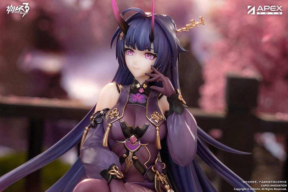 Honkai Impact 3rd Mei Raiden Herrscher of Thunder Aqueous Springtide Ver. 1/7 Scale Figure featuring Mei seated elegantly with flowing purple hair and a detailed violet and gold outfit.
