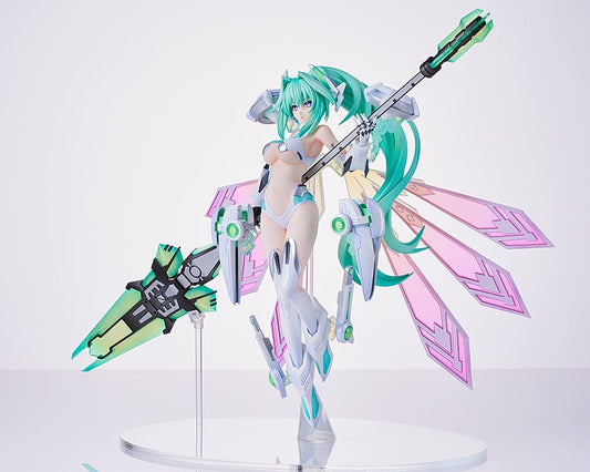 Hyperdimension Neptunia Green Heart 1/7 Scale Figure featuring Green Heart in her armor with vibrant green hair and intricate details, holding a large weapon and standing on a display base.